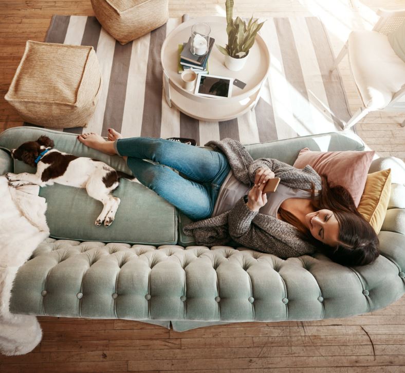 Woman relaxing on a tufted sage velvet sofa beside a sleeping dog