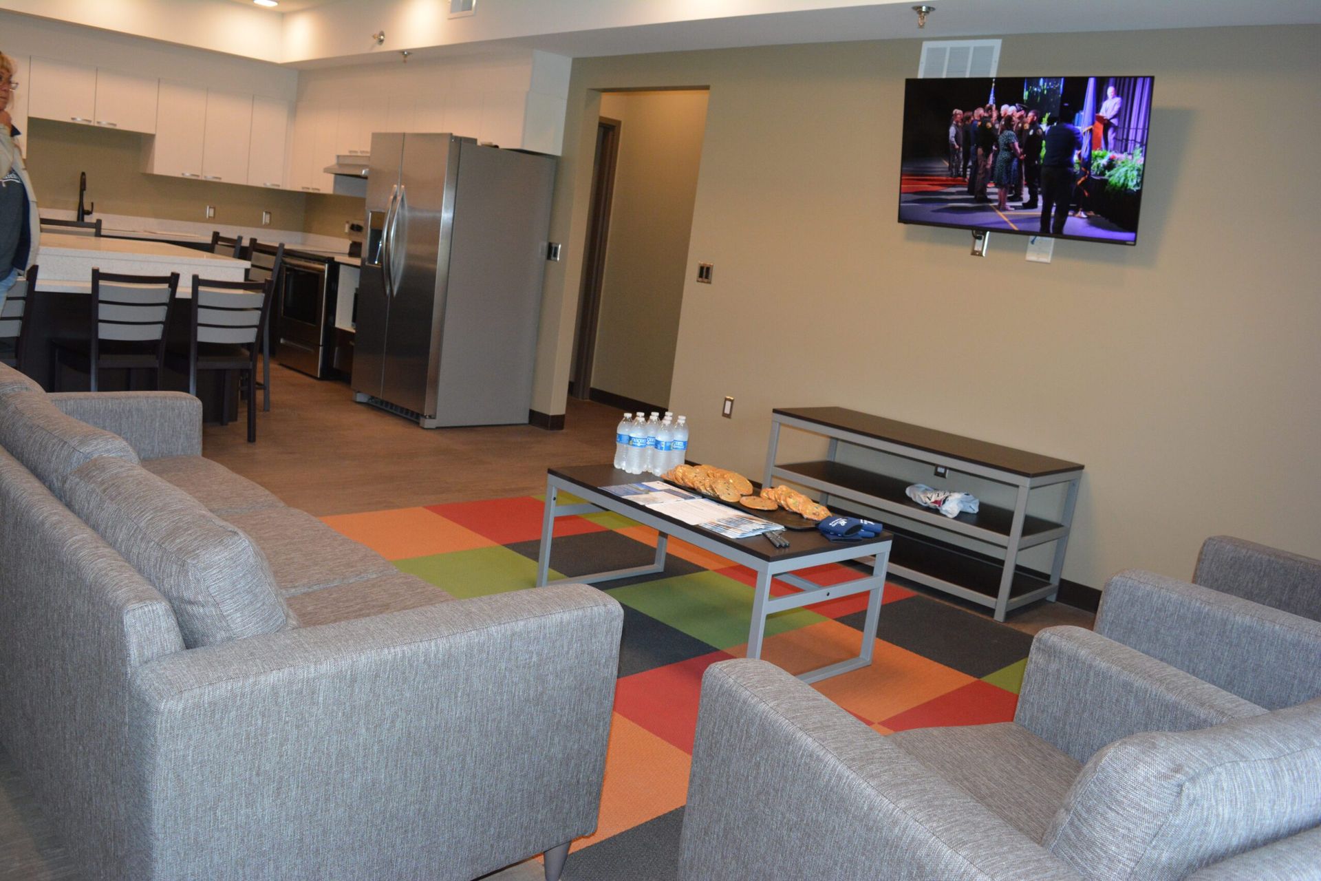 Student housing lounge with gray sofas, a color-block carpet and an open kitchen